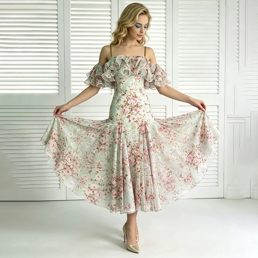 Women Floral Off Shoulder Modern Dance Dress Ruffle Spaghetti Strap Mermaid Ballroom Competition Gown Waltz Dance Costume