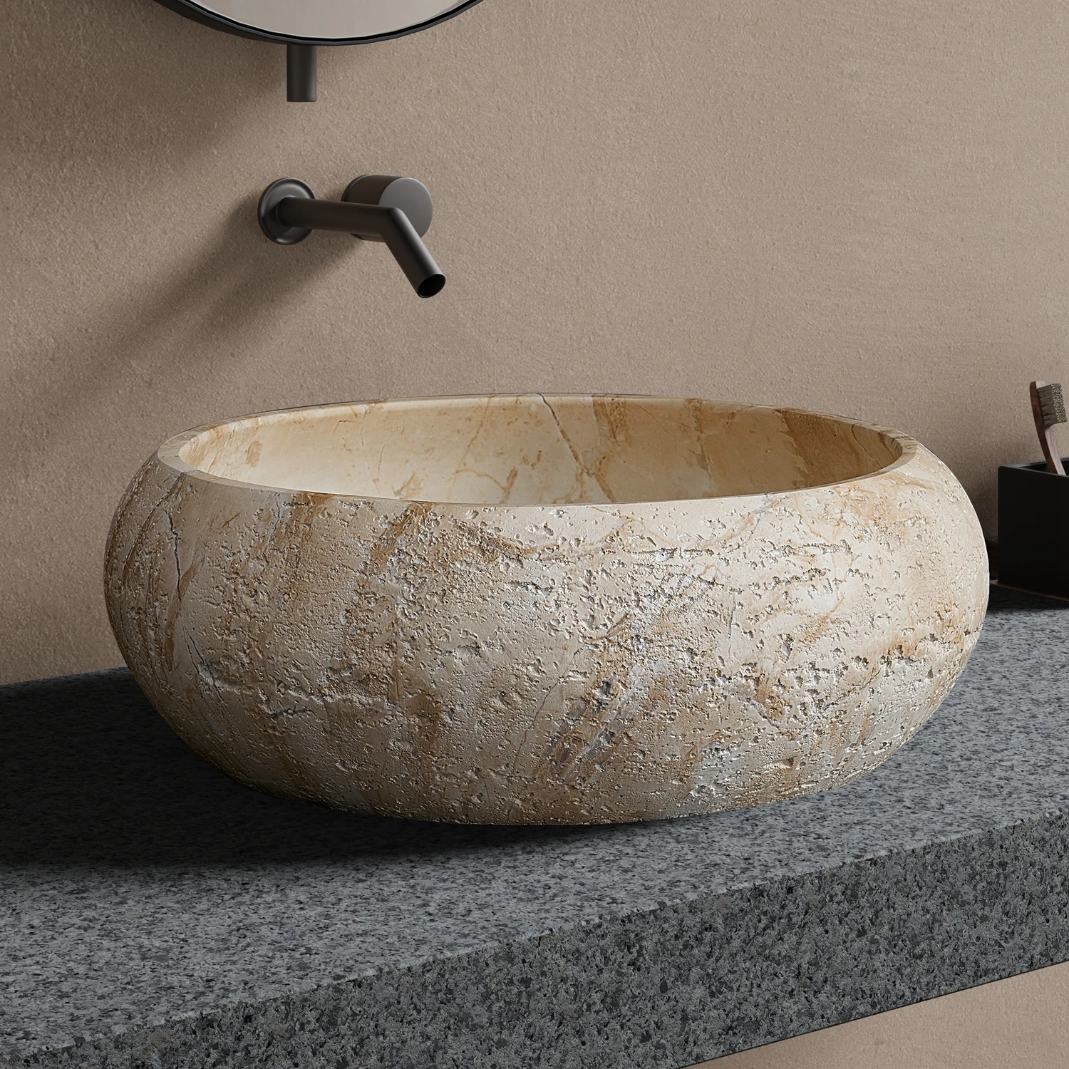 Modern Yellow Travertine Bathroom Sink Customizable Polished Surface Artificial Stone Wash Basin Counter Mounted Bathroom Basin