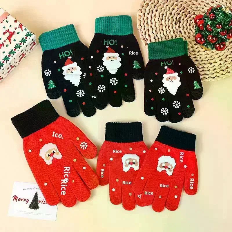 Christmas Cartoon Knitted Gloves Santa Claus Print Gloves Winter Warm Touchscreen Gloves For Kids Adults Xmas Gift
