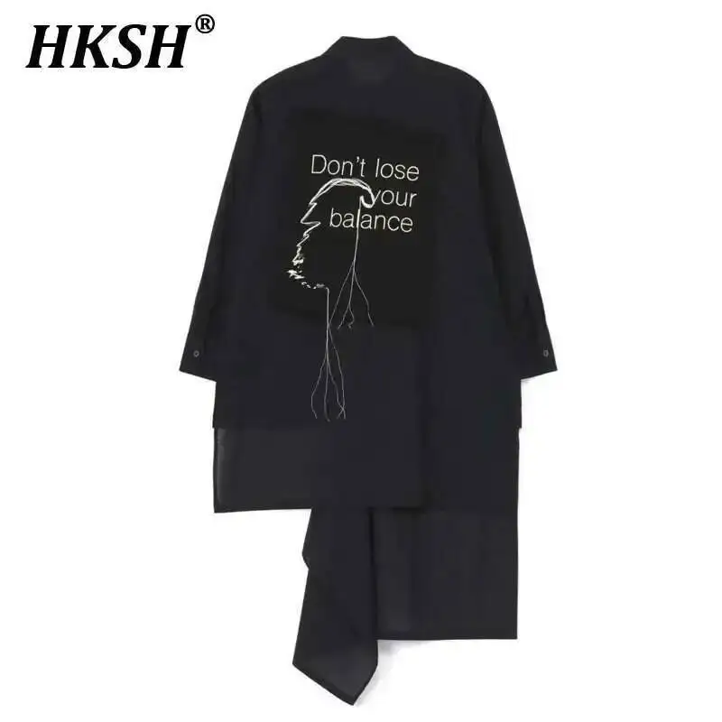 

HKSH Autumn Men's Tide Japanese Punk Shirts Streetwear Gothic Y2K Fashion Yamamoto Dark Irregular Print Embroidered Tops HK2761