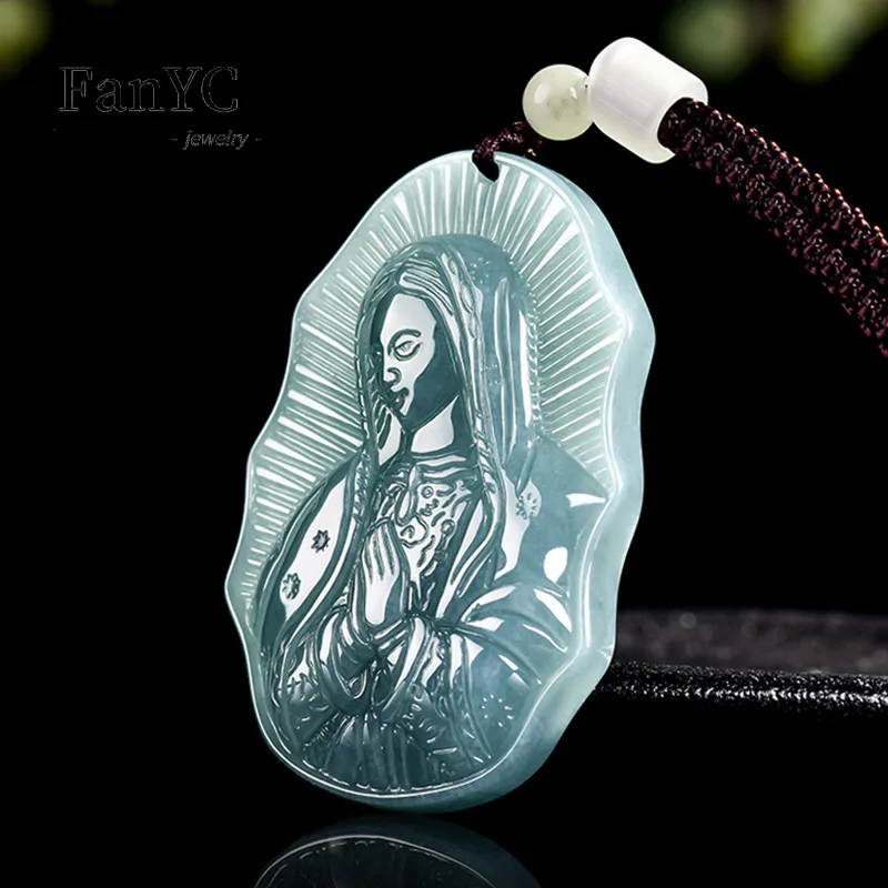 Natural Jadeite Blue Water Virgin Mary Pendant Fashionable and Simple Hand-Carved Necklace for Men and Women Lucky Charm Gift