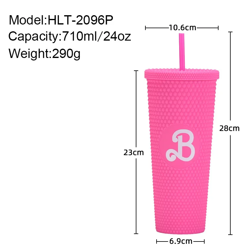 Copo de palha de plástico portátil de dupla camada rosa B, criativo Diamond Cup, grande capacidade, 710ml, novo