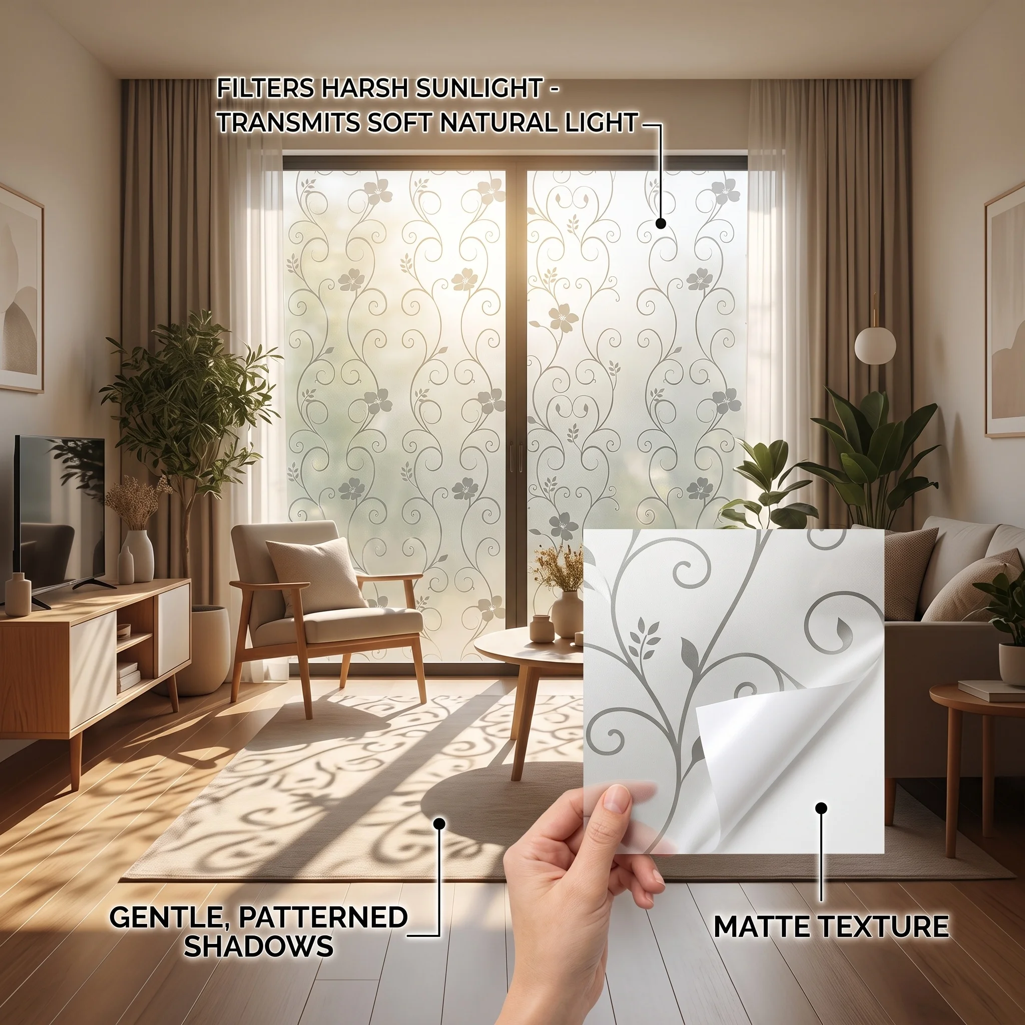 Floral Vine Self-Adhesive Window Film Frosted Matte Privacy Glass Sticker Removable No Residue Decor for Bathroom Bedroom Kitche