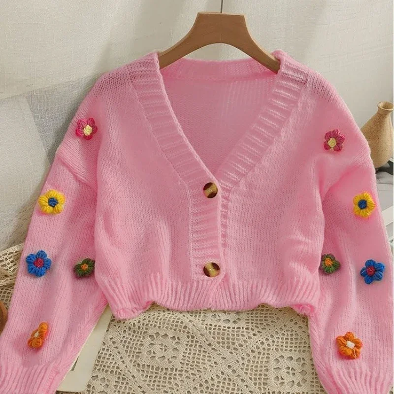 Autumn Winter new Cute Long V-neck Knit Colourful Applique Flower Cardigan for Women Crop Sweater Soft Girl  Knitwear Sweater