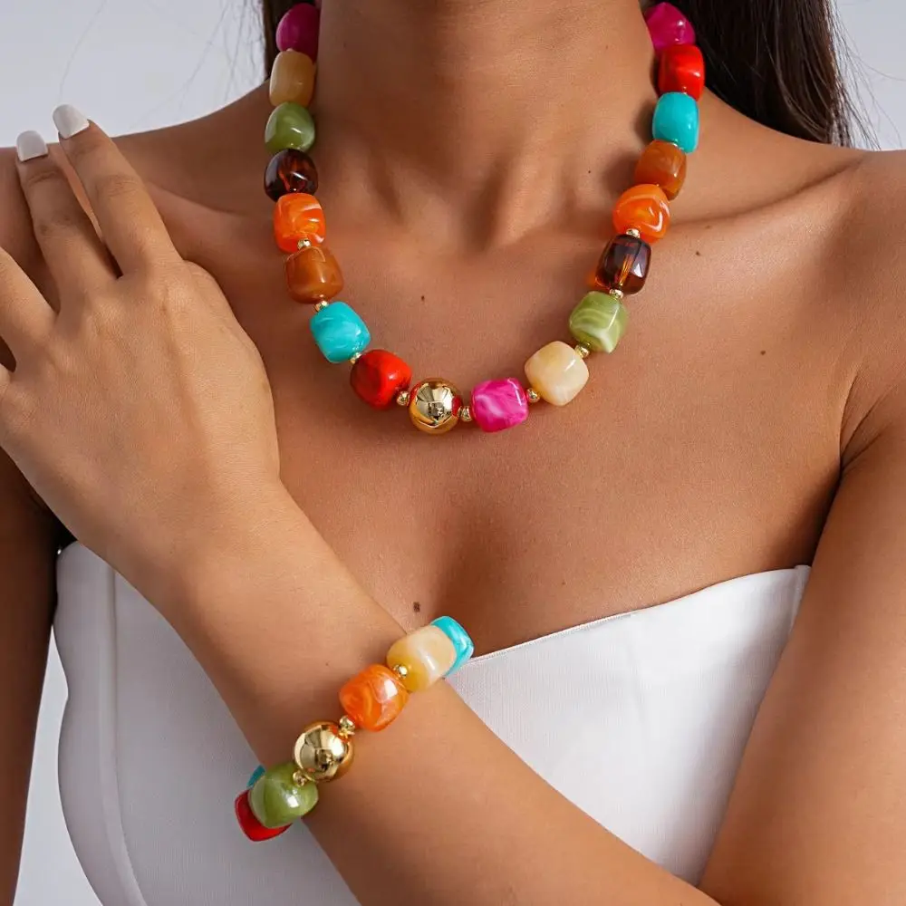 Resin Acrylic Resin Beaded Chokers Multi Color Irregular Shape Beaded Lightweight Smudge Effect Vintage Choker Daily Wear