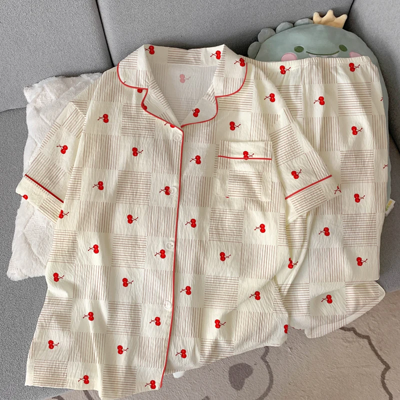 Ladies Nightwear Short Sleeved Pants Fresh Checkered Cherry Skin Friendly Home Clothes Women Pajamas Student Sleepwear Homewear