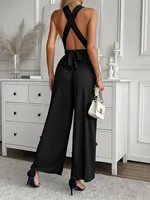 Women's Black Jumpsuit, Deep V Cross Neck, Tie Waist Straight Leg Pants, Elegant Daily Streetwear - Image 2