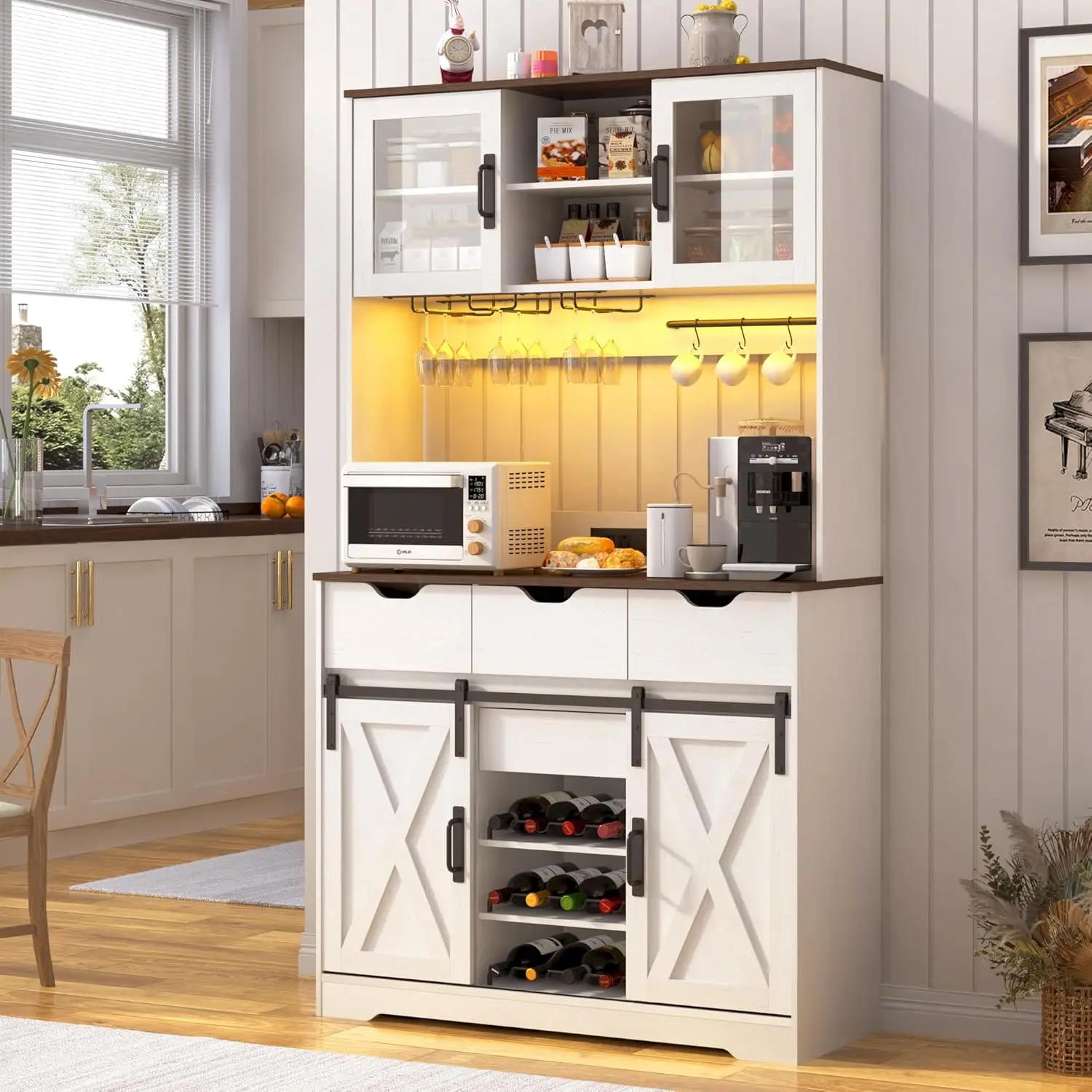 

72"" Farmhouse Bar Cabinet W/ 60000-Color Led Lights,Outlet,Sliding Barn Door,Large Coffee Bar W/Hutch,Wine & Glasses Rack,4