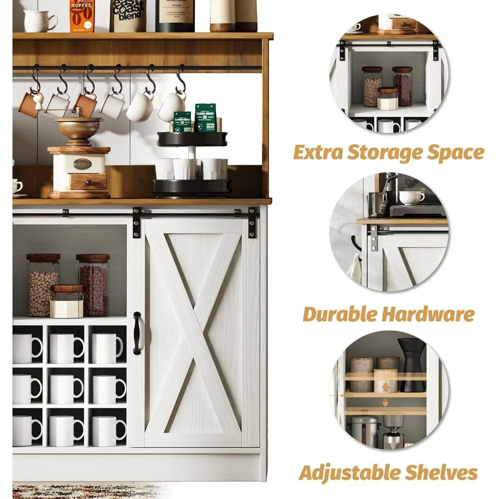 Szafka kawowa w stylu farmhouse z kredensem, bufet kuchenny 47 cali z 9 stojakami na wino i 6 haczykami, bar do kawy.