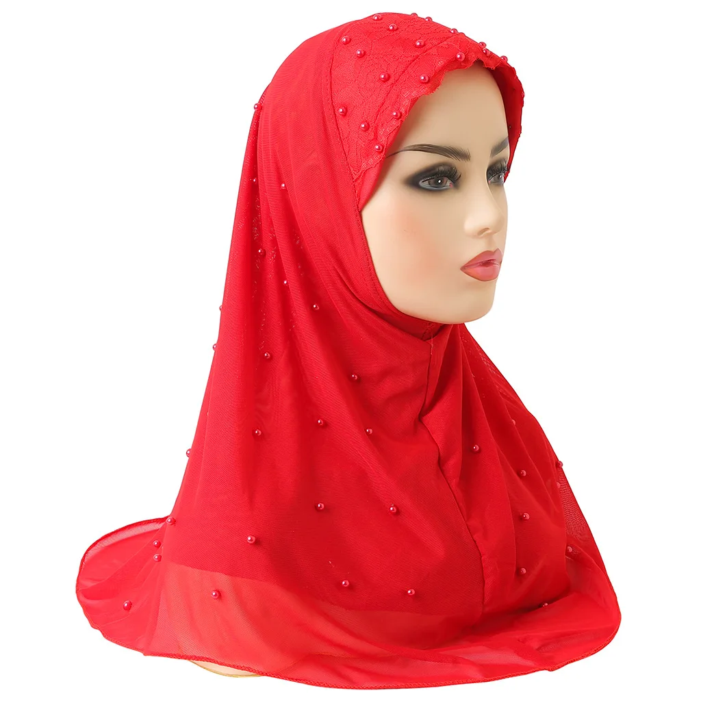 One piece Casual Muslim Women's Girls Hijabs Double-layer Mesh Beaded Arabic Headscarf Fashion Hat