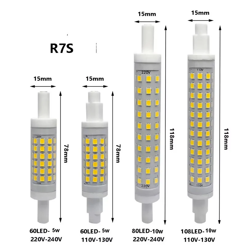 110v 230v 디밍이 가능한 LED R7S 수평 플러그 전구 R7S 투광 조명 전구 78mm 118mm 6w 10w 12w 교체 J78 J118 3000k 4000k 6000k