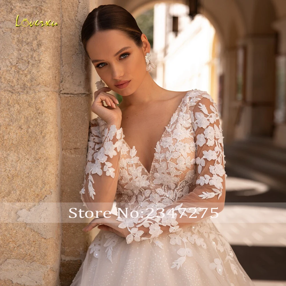 Loverxu linha a vestidos de casamento elegantes com decote em v manga longa tule vestido de novia apliques frisado chique feito sob encomenda vestido de noiva