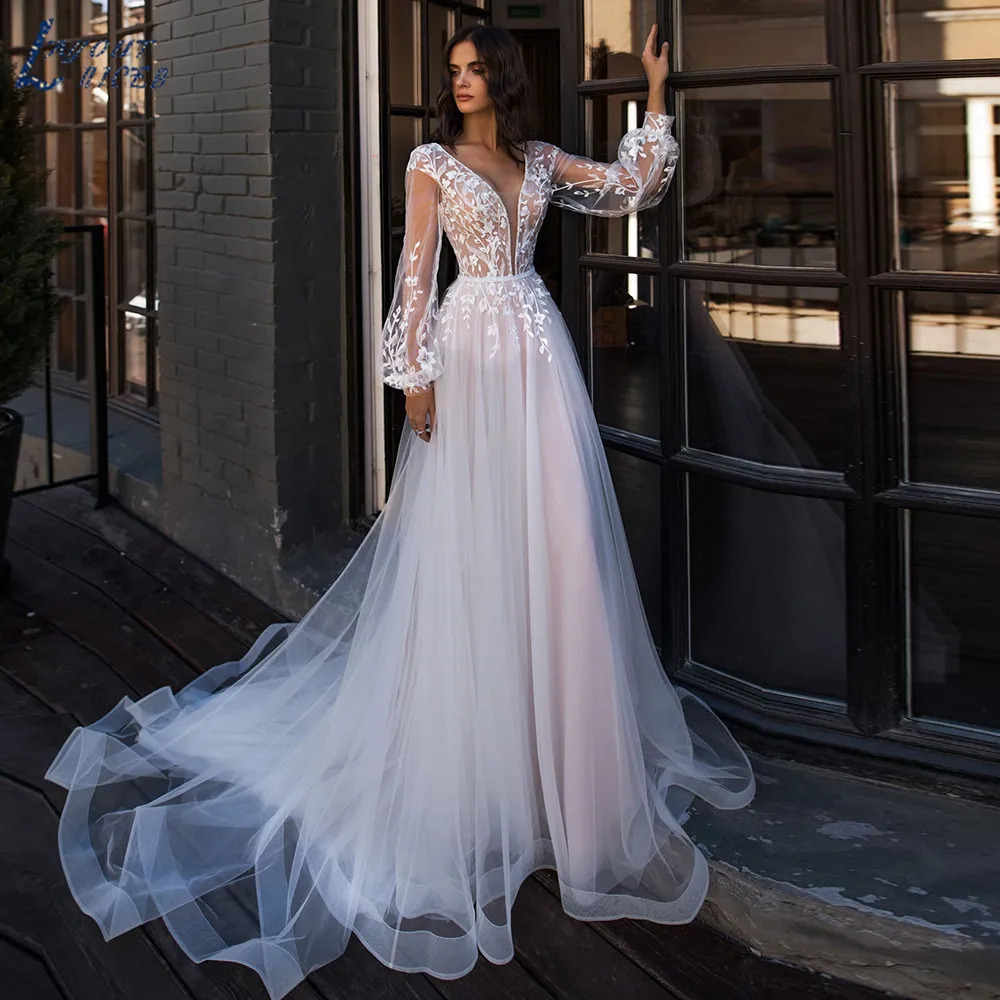 Cổ Chữ V Sâu Áo Váy Đi Biển Đèn Lồng Tay Dài Ren Appliques Tulle Tầng Chiều Dài Đầm Vestido De Novia Phối Ren Cô Dâu Đồ Bầu