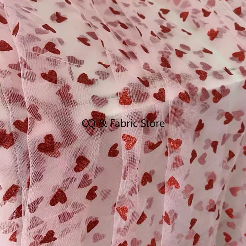 

Pink Mesh Lace Fabric With Sparkle Red Heart Soft Mesh Tulle For Curtain,Couture Dress,Wedding,Photography Backdrop Decoration