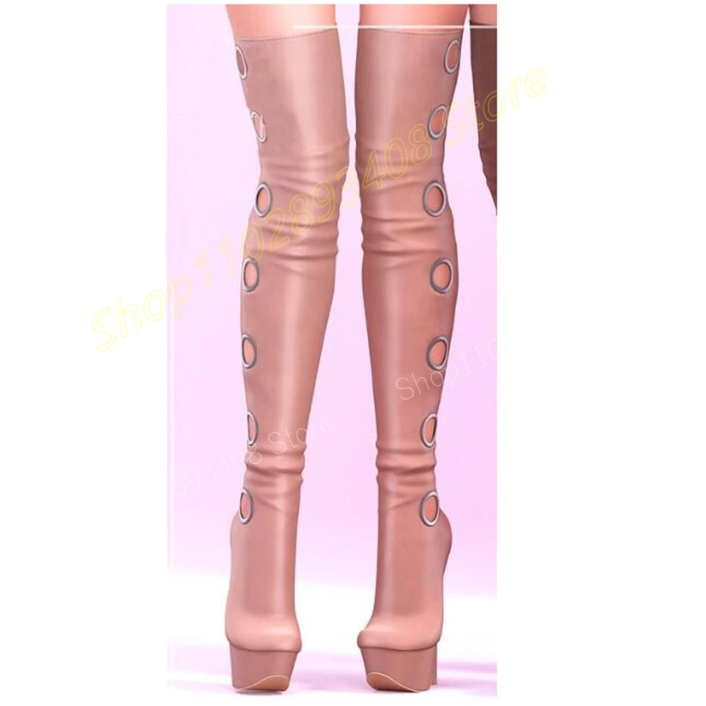 Solid Metal Round Rings Hollow Over the Knee Boots Platform Stiletto High Heel Fashion Sexy Women Shoes 2024 Zapatos Para Mujere