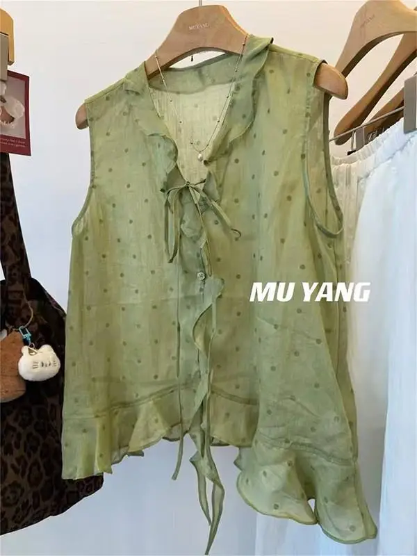 

plus Size 300 Pounds Sister Gentle Style Lace Trim Polka Dot Sleeveless Shirt Women Summer Belted Top Casual Loose Fit V Neck