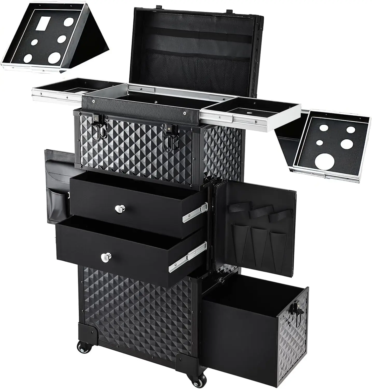 

Rolling Makeup Case on Wheels for Hairstylists & Makeup Artists, Lockable Salon Trolley Cart with Hairdryer Holder, Black