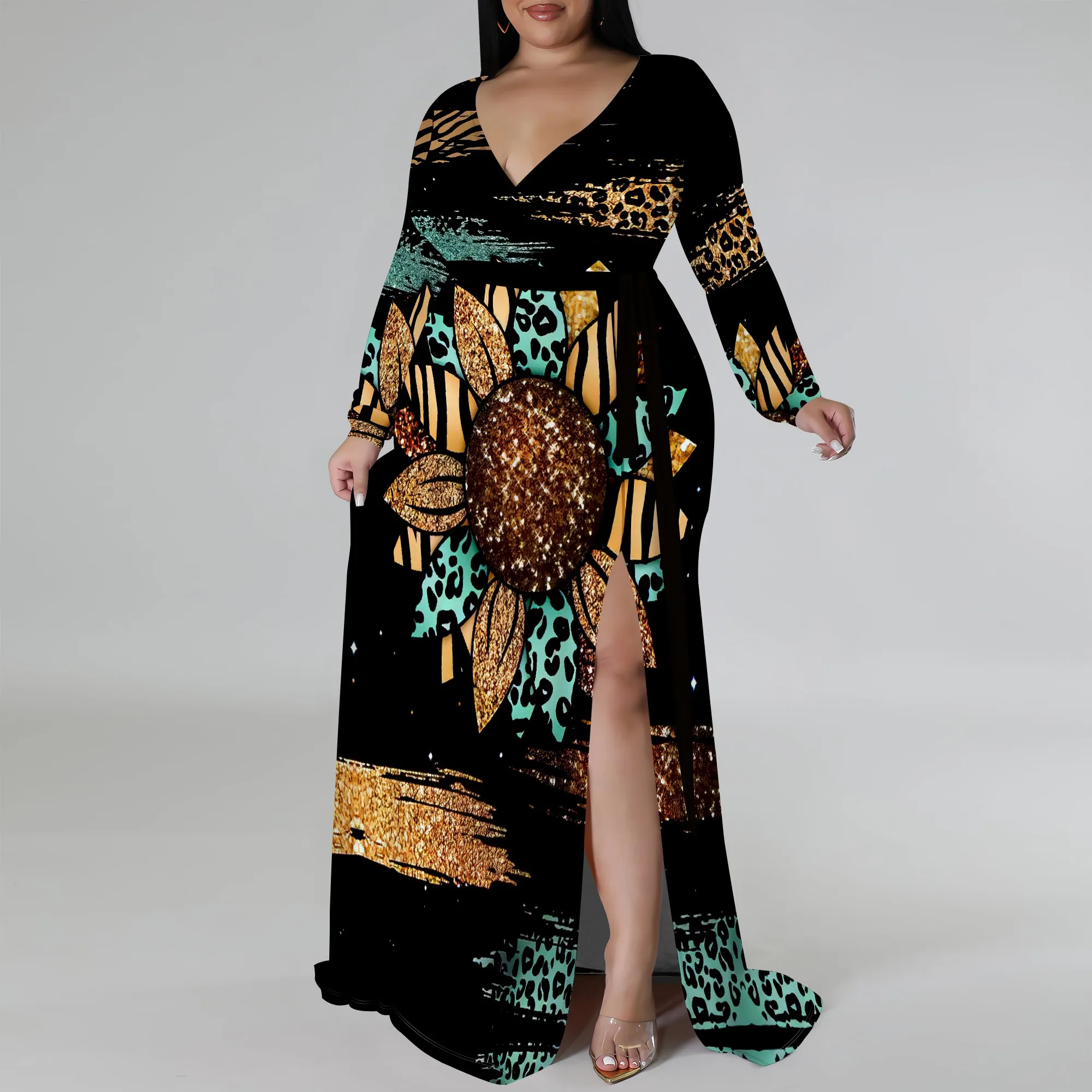 

Plus Size Long Sleeve Yellow Floral Wrap Dress for Women, Elegant Summer Maxi Dress with Side Slit