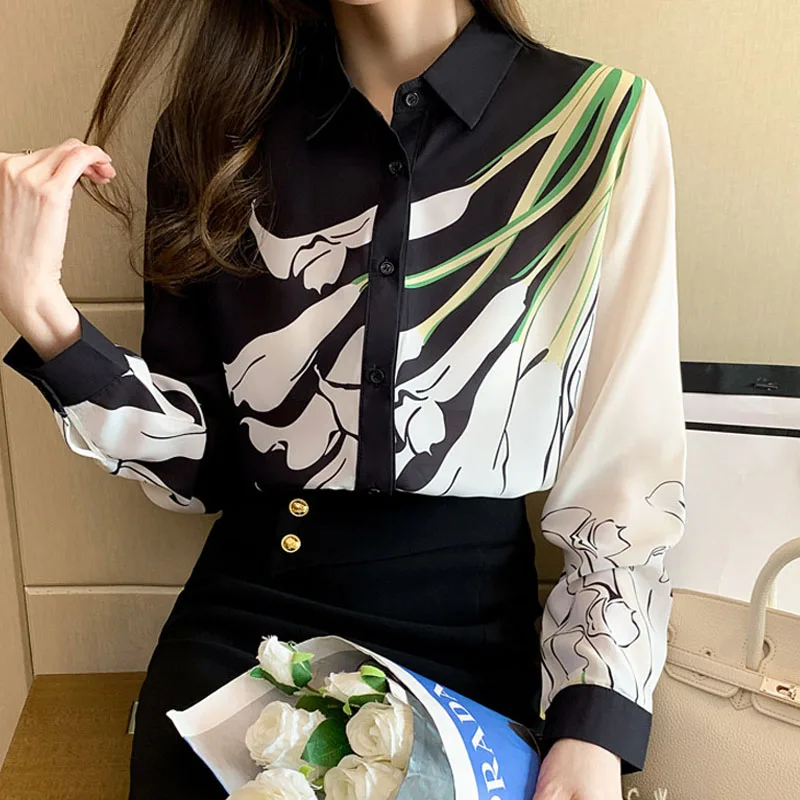 Fashion Long Sleeve Women Shirt Turn Down Collar Print Chiffon Shirt Blouse Women Tops Camisas Blusa Blusas Camisas De Mujer N40