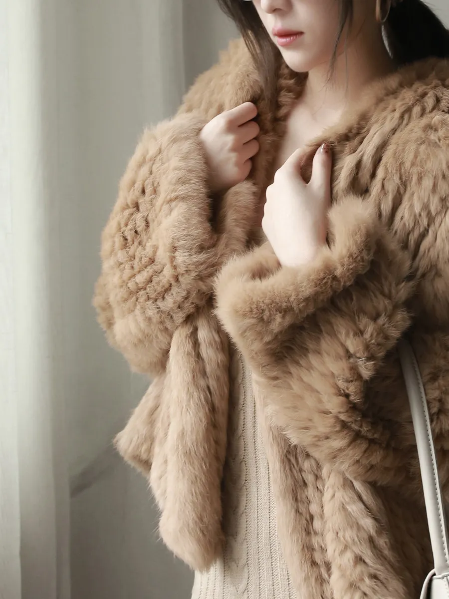 Long Sleeve Casual Loose Knitted Real Rabbit Fur Hooded Coat Women Genuine Natural Rabbit Fur Outwear Female Fur Jacket