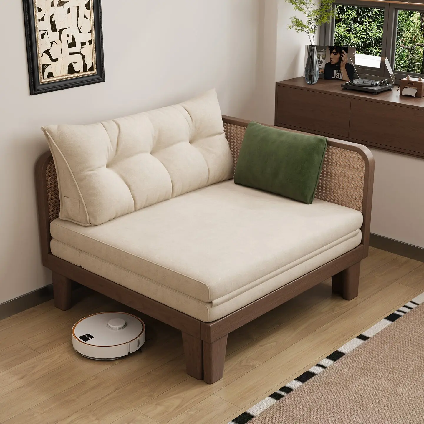 CX all solid wood sofa bed foldable dual-purpose, rattan small apartment living room bedroom study retractable bed
