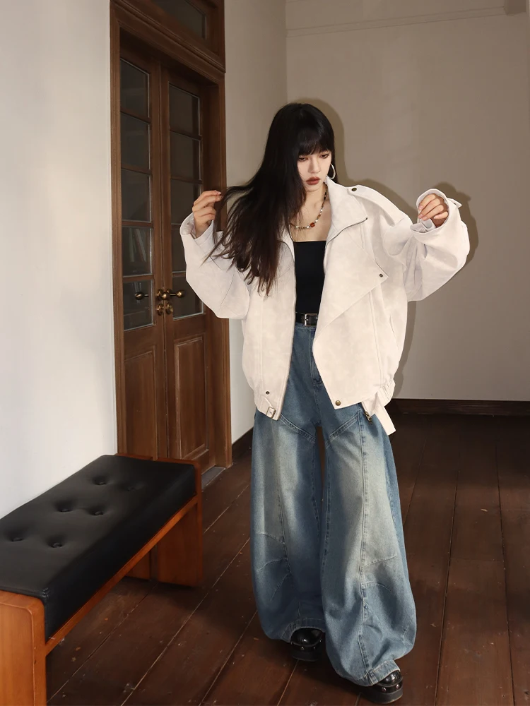 Jaqueta Feminina de Couro PU Macio, Estilo Pudong, Manga Longa, Caimento Solto, Elegante, para Outono Inverno