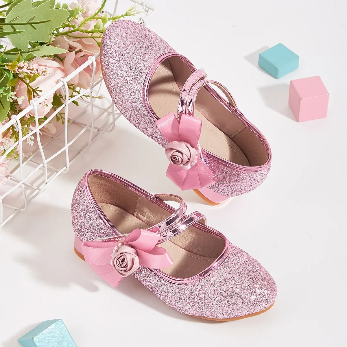 Spring New Girl Leather Shoes Fashion Flower Children's High Heels Performance Shoes Formal Dress Princess Shoes 3-12 Years Old