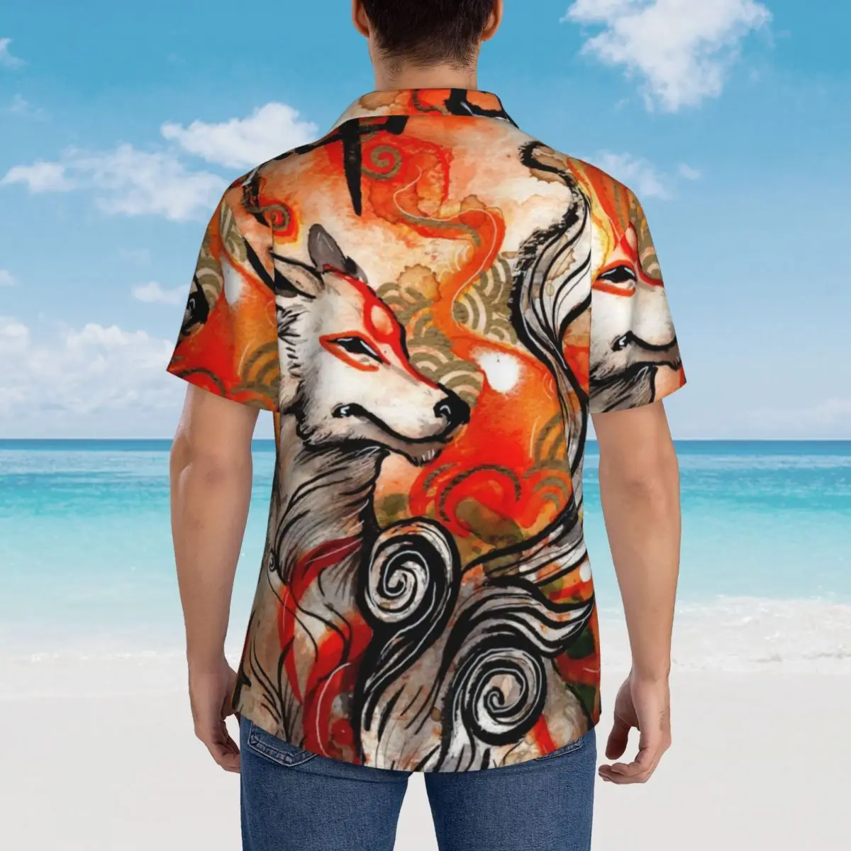 Chemise hawaïenne plage loup imprimé Blouses Okami Amaterasu chemises décontractées élégantes hommes à manches courtes haut tendance coréen