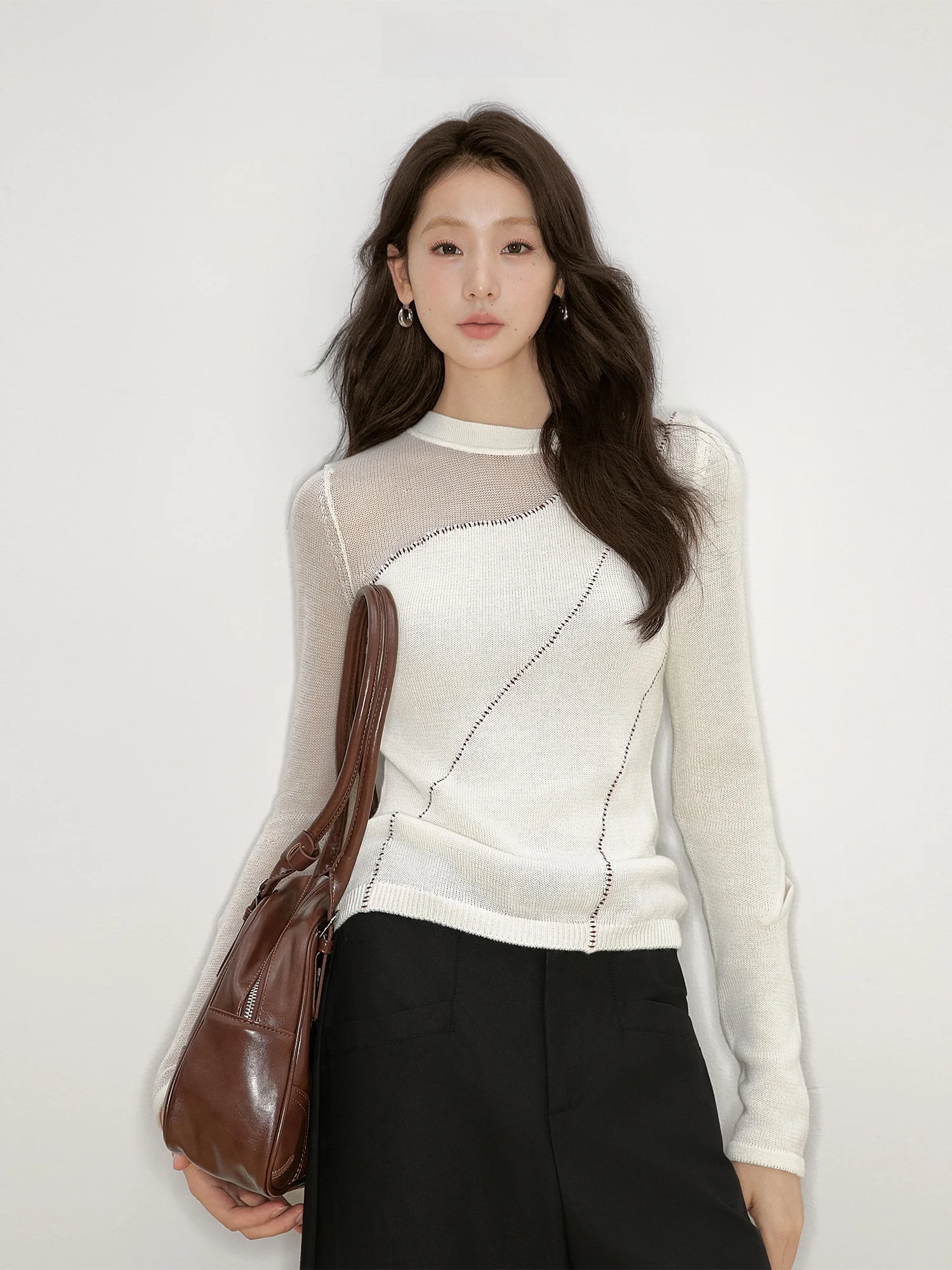 

Se Tide Searching Merino Wool Blend Knitted Top Women's Patchwork Base Layer Sweater Commute Sle Regular Fit Breathable