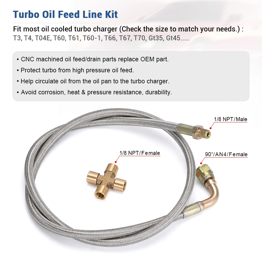 36'' 1/8 NPT 4AN T3 T4 T3/T4 T04E T70 T66 T67 Gt35 Gt45 Turbo Oil Feed Return Line Oil Drain Line Kit Oil Cooled Turbo Charger