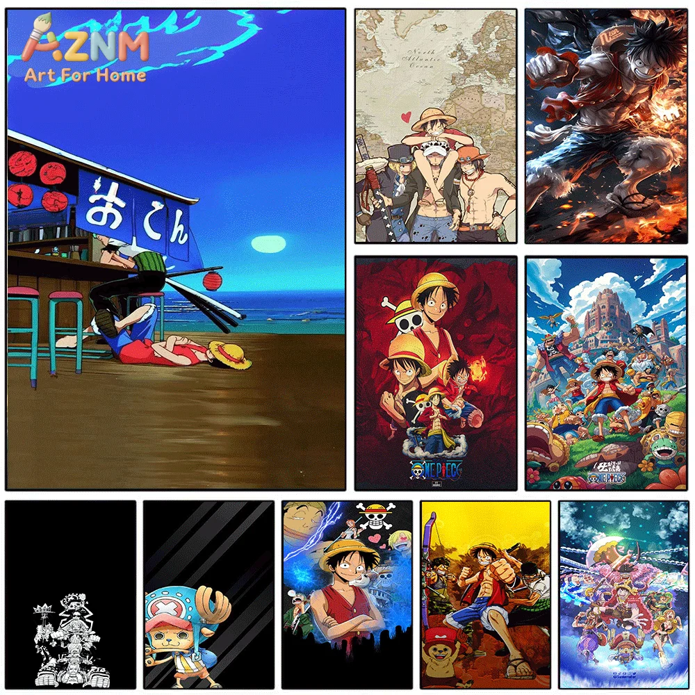 AZNM Unframed Canvas Print One Piece Luffy Ace Sabo Chopper Anime Wall Art Manga Poster Home Decor