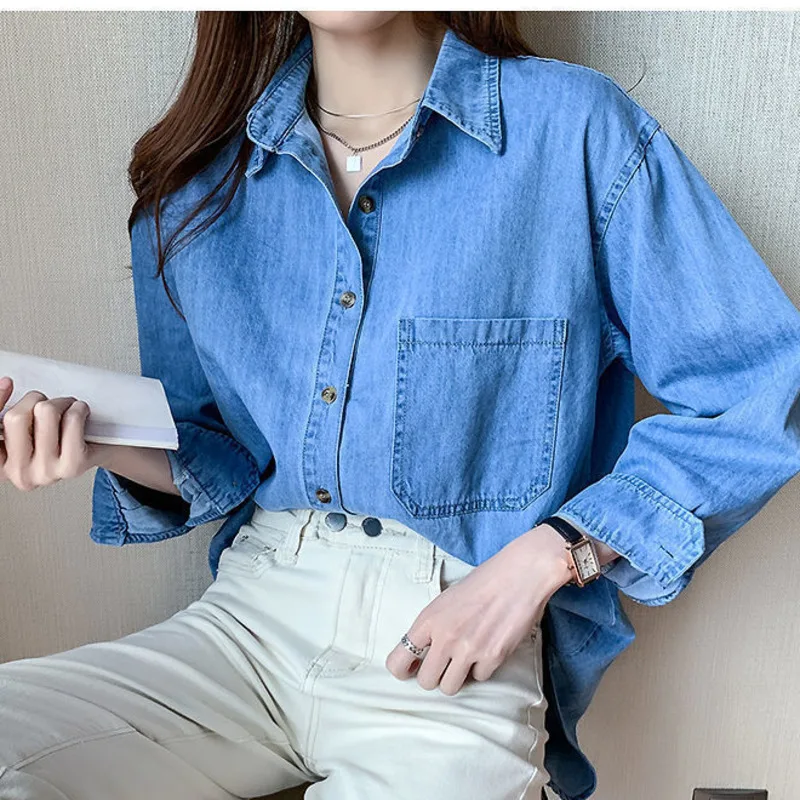 Blue Button Up Shirt Women Casual Long Sleeve Denim Shirts Tops Blusas De Mujer 2025 Korean Fashion Pocket Cowboy Blouse