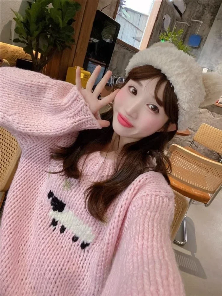 Pink Knit Sweet Pullovers Sweaters Women Long Sleeve Elegant Korean Sweaters Female O-neck Warm Kawaii Harajuku Pullovers 2024