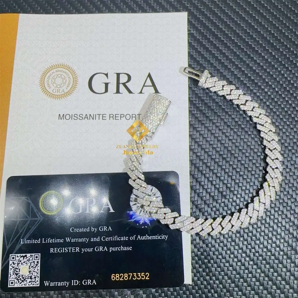 Luxury Drop Shipping 8mm Promotion Price 925 Sterling Silver White Gold Plated Moisssanite Stone Iced Out Hip Hop Cuban Link Bra