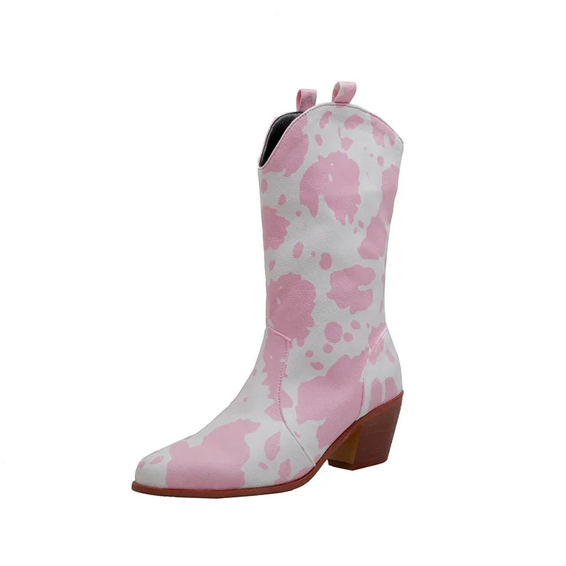 Western-Cowgirl-Stiefel mit Kuhmuster für Damen, Retro-Spitze, Blockabsatz, Halbhohe Stiefel für Party, Konzert, Alltag und Freizeitkleidung – Detail 11