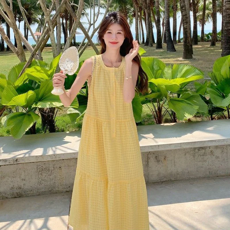 Women Light Yellow Elegant Sleeveless Maxi Dress Lady Fashion Button Front Plaid Dress Female Summer Refined Casual Date Dress
