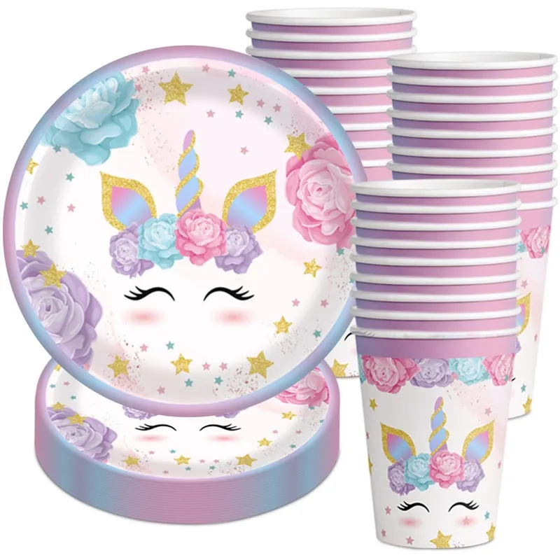 Decoración de fiesta de cumpleaños con tema de unicornio, plato y servilleta desechable, cuchillo y tenedor para niña, suministros para fiesta de Baby Shower