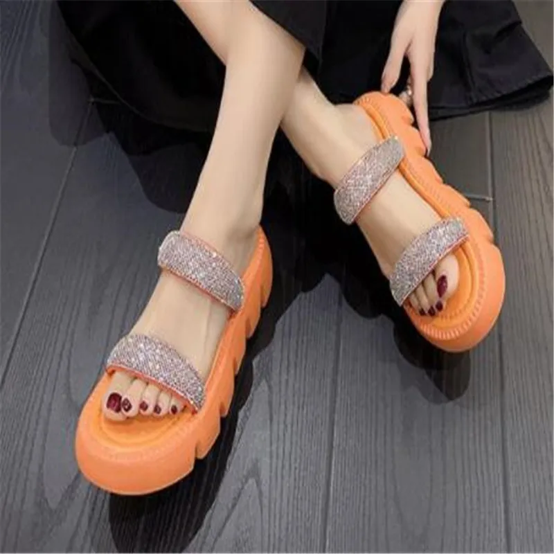 2024New Summer Flat Platform Orange Slippers Women Sandals Luxury Crystals Shoes 5cm Chunky Sole Cool Slides