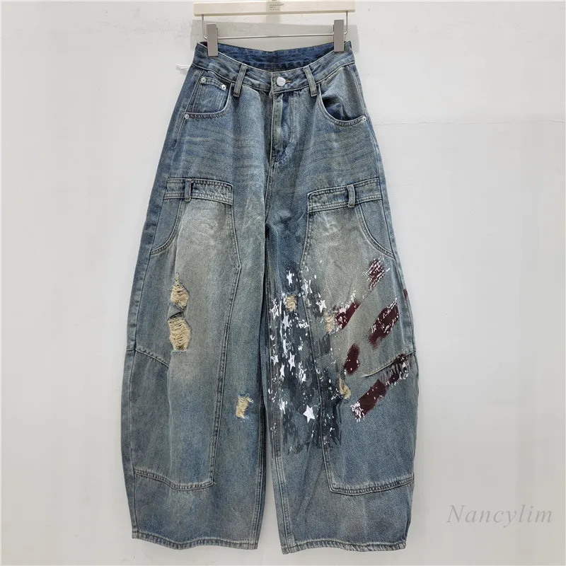 

American Street Style Distressed Graffiti Splatter Paint Scimitar Jeans, Unisex Vintage Wide-leg Loose Straight-leg Pants