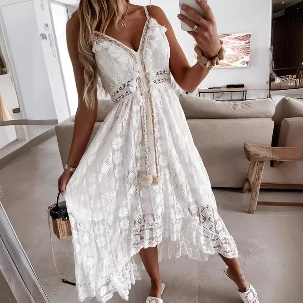 女性用ストラップAラインドレス2026春夏新作レディースマキシキャミドレスレースパッチワークファッションノースリーブビーチドレス
