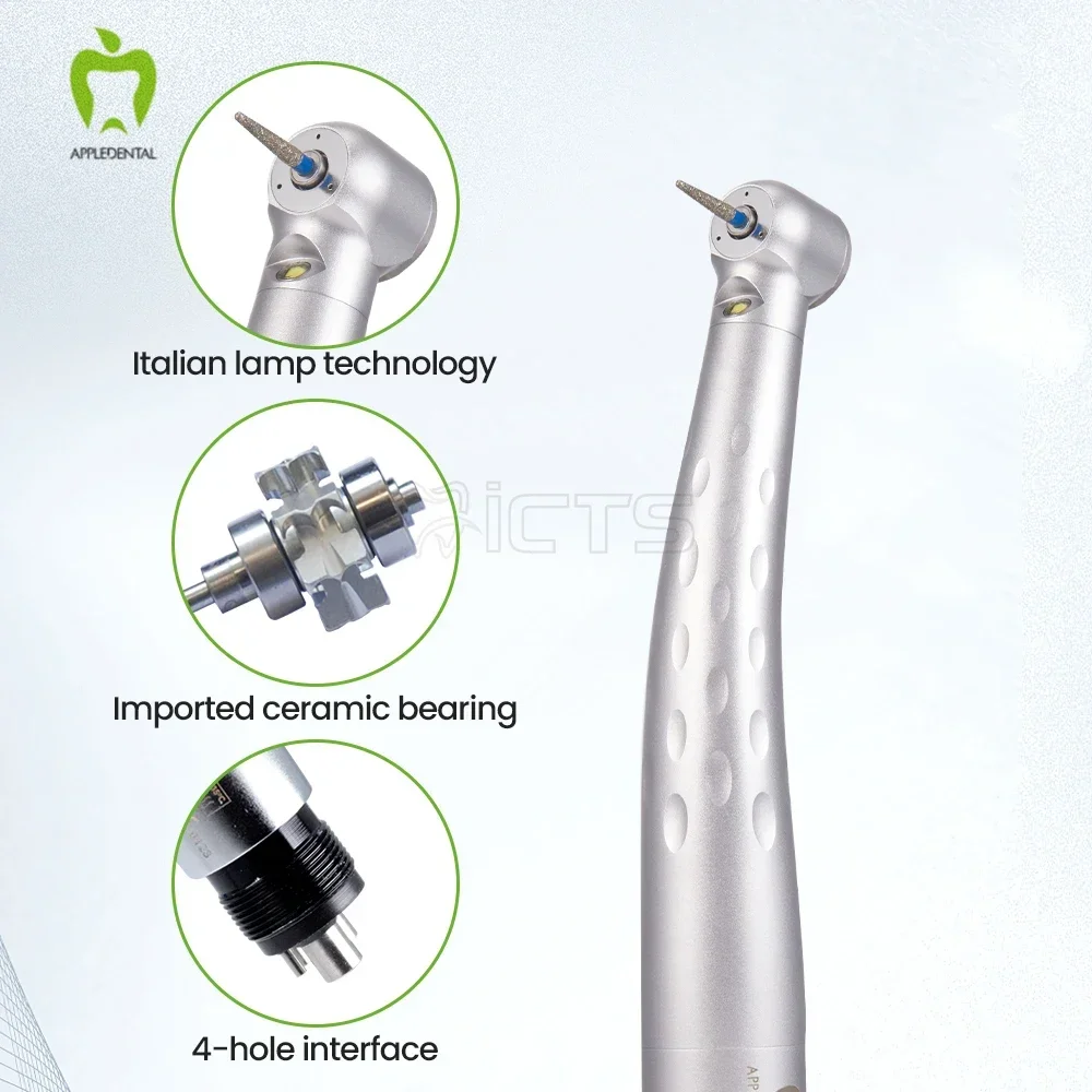 Końcówka dentystyczna turbiny APPLEDENTAL A2 Pro/SUP LED: z wałem prasowym KV, niemieckimi łożyskami i optymalizowanym natryskiem, niski poziom hałasu