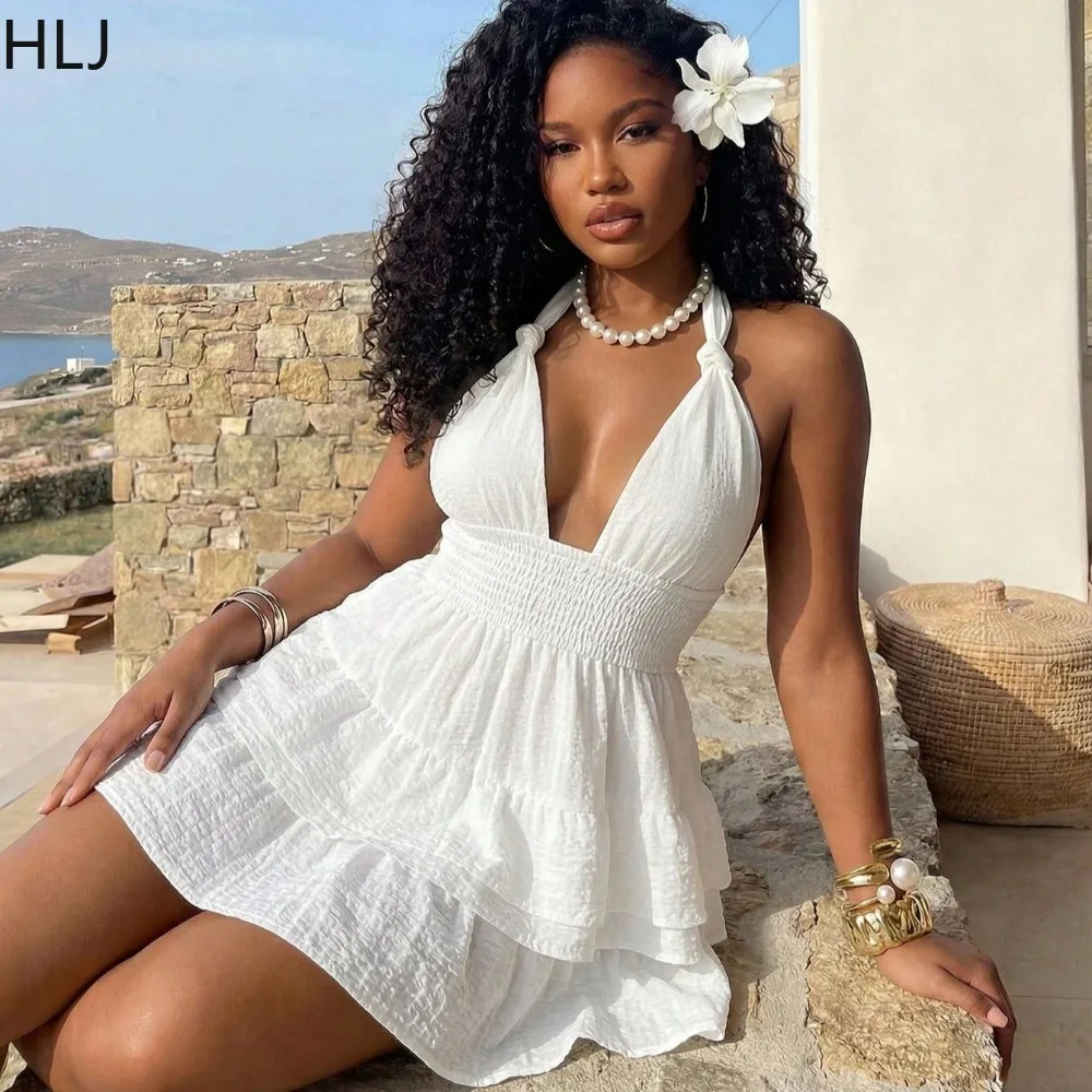 HLJ Y2K Sweet White Mini Dress for Women Spaghetti Strap Sleeveless Backless Ruched Patchwork Dresses Female Holidays Vestidos