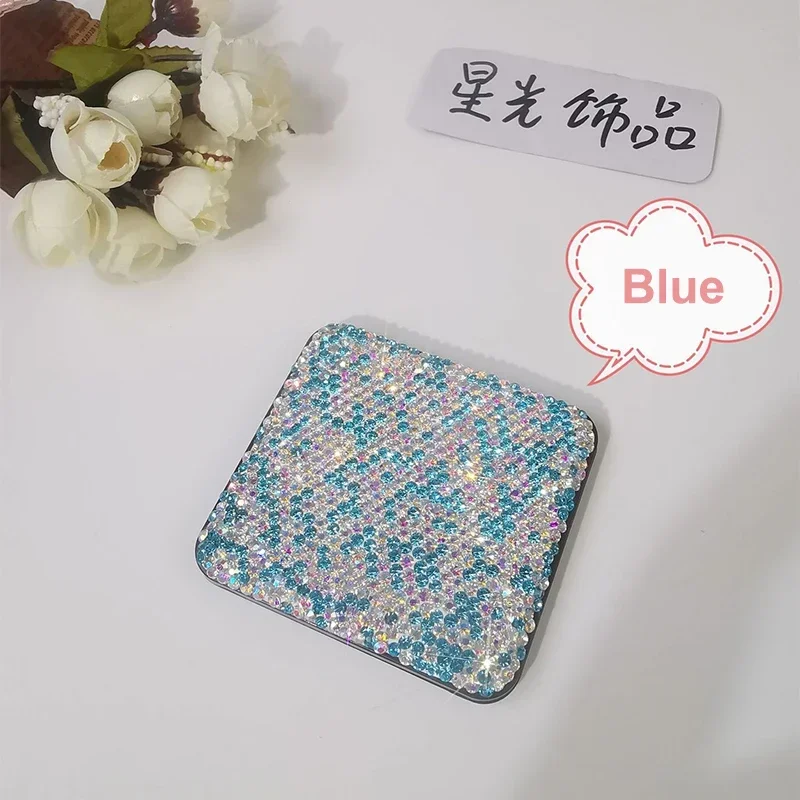 Espejo plegable de doble cara con diamantes brillantes, espejo de maquillaje con diamantes de imitación, hecho a mano, Mini espejo de bolsillo para viaje