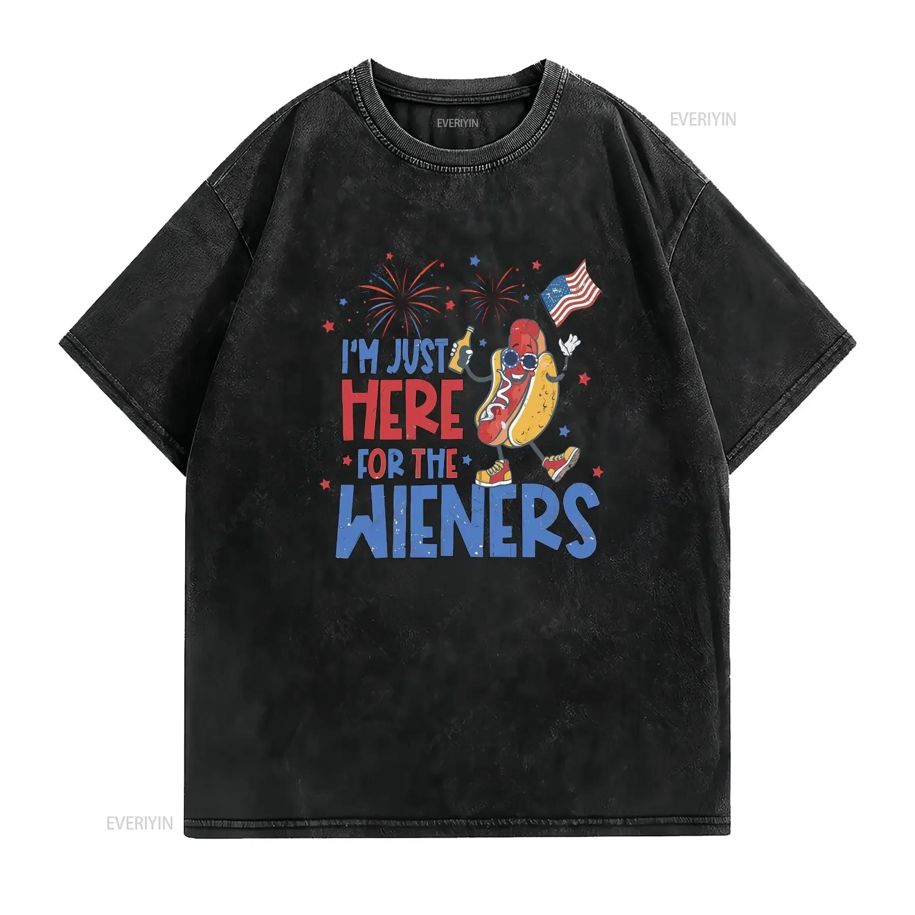 Funny Retro 4th of July Patriotic Hot Dog Wieners Slogan US Flag Firework Print Casual T Shirt vintage Washed Versatile Soft