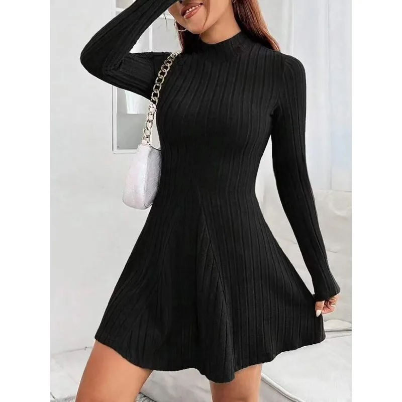 

2026 Women's slim fit half high collar waist cinched A-line skirt long sleeved pit stripe dress