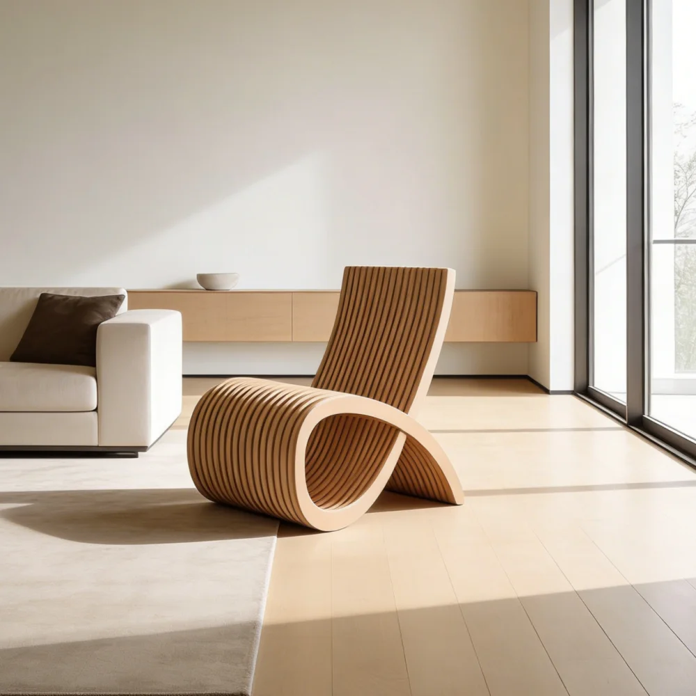 ！@Artistic Design Wooden Leisure Seat Curved Frame Durable Home Lounge Chair for Balcony Homestay