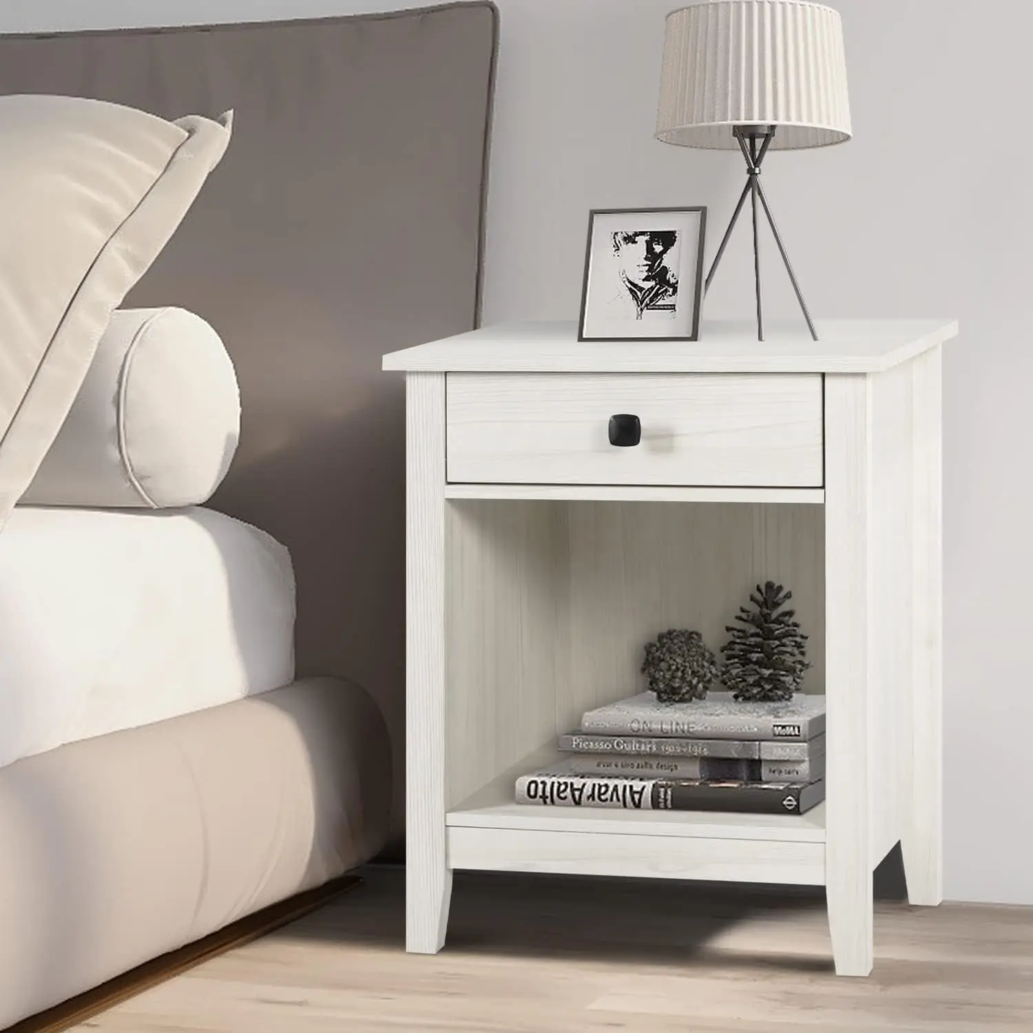 طقم منضدة نوم بيضاء مكونة من قطعتين مع أدراج، وطاولة بجانب السرير طويلة للمنزل الحديث، ومجموعة منضدة بدرج واحد #2