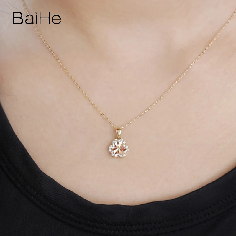 BAIHE Solid 14K Yellow Gold H/SI Natural Diamond Clover Pendant Necklace Women Gift Trendy Fine Jewelry Making שרשרת תלתן قلادة