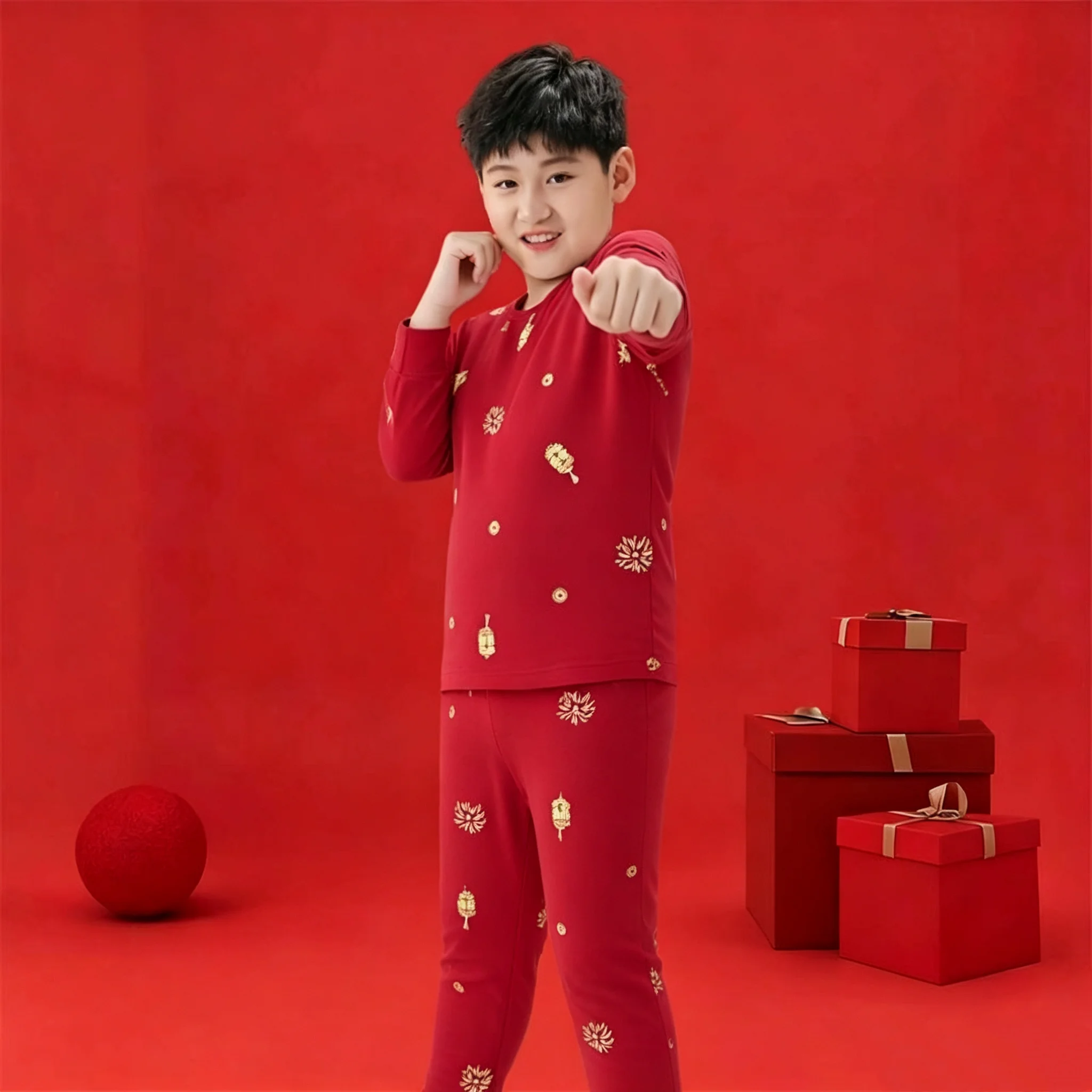 Children's Spring /Autumn/Winter Cotton Warm Suit Long Johns Long Sleeves Long Pants Solid Color Red Boy and Girl Student Gift