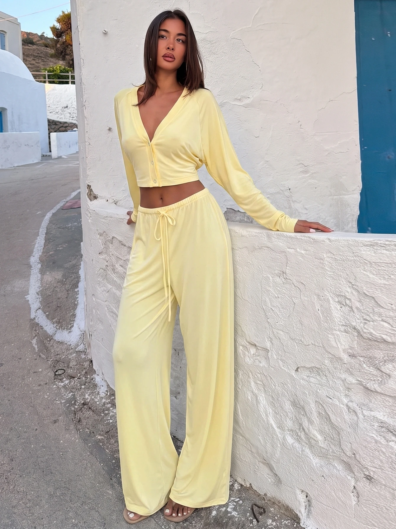 Dulzura Women Solid Causal 2 Piece Pants Set V-Neck Long Sleeve Single Breasted T-Shirt Lace Up Slim Fit Long Pants Matching Set